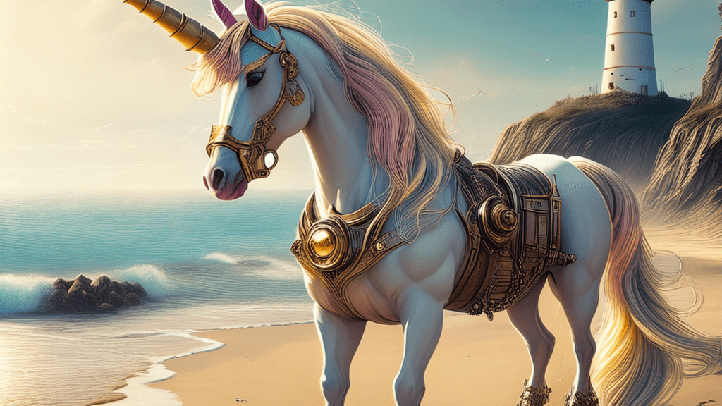 Ein majestätisches weißes Einhorn mit einem goldenen Horn und einer verzierten Rüstung steht an einem Sandstrand. Der Ozean ist ruhig, die Wellen plätschern sanft an die Küste. Im Hintergrund erhebt sich auf den felsigen Klippen ein hoher Leuchtturm vor einem klaren blauen Himmel.